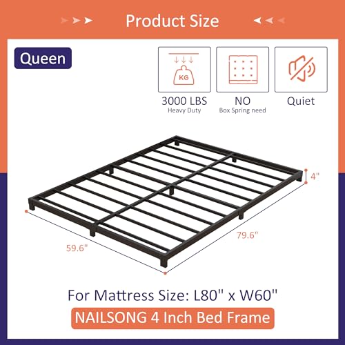 Queen Size Low Profile Bed Frame - 4 Inch Platform Metal Bed