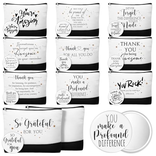 Paterr 20 Pcs Employee Appreciation Gift Bulk for Women Inspirational Canvas Makeup Bags with Zipper and Mini Compact Mirrors Thank You for Vet Tech Team Teacher Student Medical Assistant Gifts