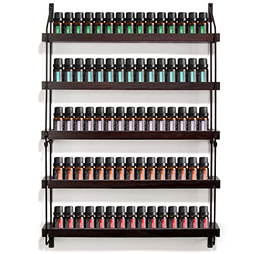 THYGIFTREE Essential Oil Storage Shelf Wall Mounted 16.9" Wooden Essential Oil Collection Display Rack Organizer 5 Tiers Holds 75 Bottles, Nail Polish Holder Paint Organizer