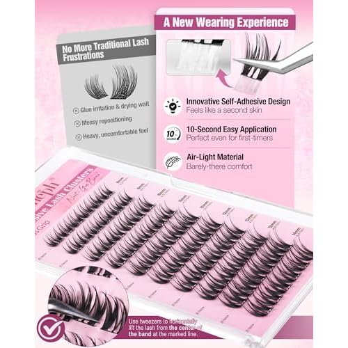 Self Adhesive Eyelashes Wispy Self Adhesive Lash Clusters Natural Clear Band Eyelash Clusters 8-14mm Short Cluster Eyelash Extensions Pre-Glued Cluster Lashes by Delyneph