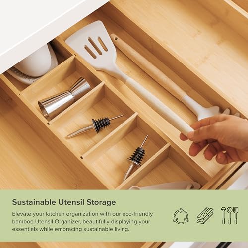 KitchenEdge Bamboo Drawer Organizer - Adjustable 16-28 Inch Kitchen Utensil Tray
