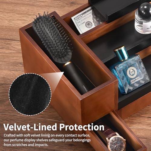 Perfume Stand Organizer for Men with 3 Tiers, Walnut & Black Finish, 1 Drawer