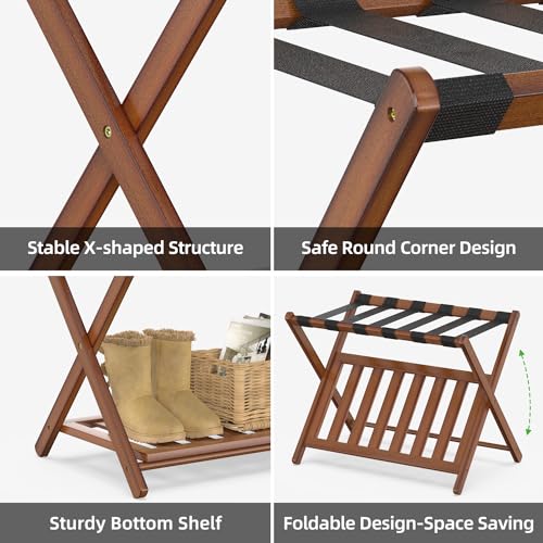 BAMBOOHOMIE 2 Pack Bamboo Luggage Rack with Storage Shelf - Brown