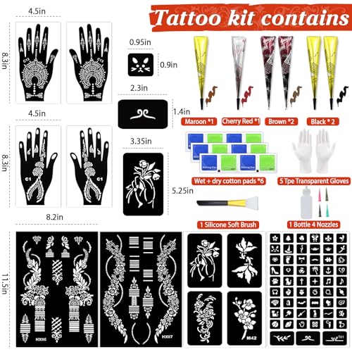 Temporary Stencils Tattoos Kit, 6 Pcs Tattoo Cones 4 Color (2 Black 2 Brown 1 Maroon 1 Cherry Red) with Gloves Brush Tool,DIY Body Art Skin Painting Designs for Women Men Kids Party Gifts