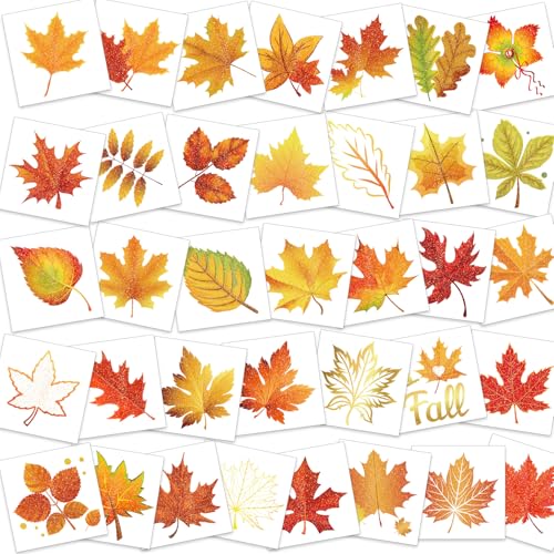 HOWAF 72pcs Glitter Fall Leaves Temporary Tattoos Autumn Harvest Tattoos Stickers for Kids Girls Boys Decor, Glittery Maple Leaves Fake Tattoo Autumn Leaf Face Tattoos for Fall Gift Bags Fillers