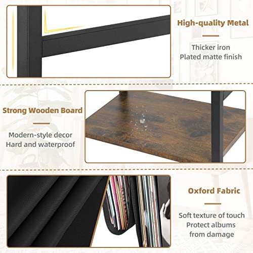 Bikoney Record Player Stand with Power Outlet & 3-Tier Vinyl Storage, Brown & Black, Fits Up to 200 Albums