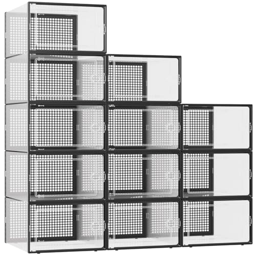 Kuject XXX-Large Clear Stackable Shoe Storage Boxes 12 Pack, Black Variant