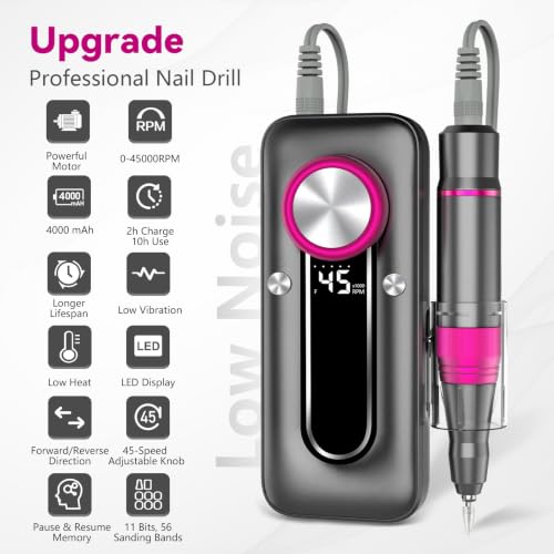 TUOBEO Cordless Nail Drill Electric Nail File - Gray, 45000 RPM, Rechargeable Professional Manicure Tool