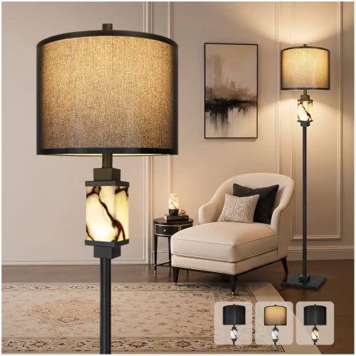 Black 62-Inch Modern Alabaster Floor Lamp with Night Light - Living Room Decor