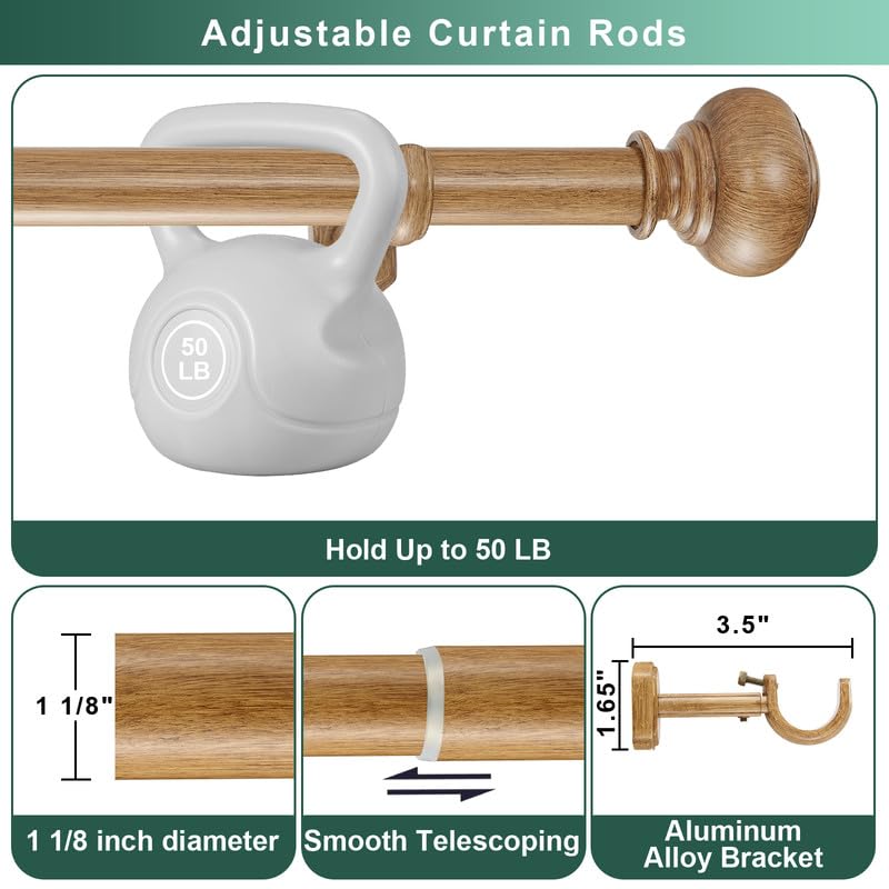 Yun Nephele Brown Wood Grain Extra Long Curtain Rods 144-240 Inch Heavy Duty Boho Drapery Rod with Finials & Adjustable Brackets