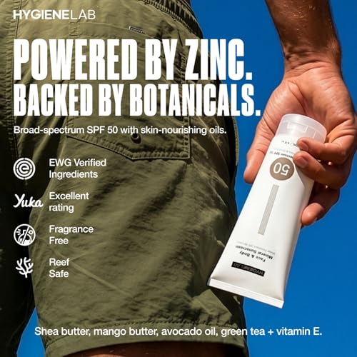HygieneLab Mineral Sunscreen SPF 50 ? Invisible Sheer Finish, Rated Excellent on Yuka, Zinc Oxide, Broad Spectrum UVA/UVB Protection, Reef Safe, Aloe Vera & Shea Butter Hydration (Large 6 oz)