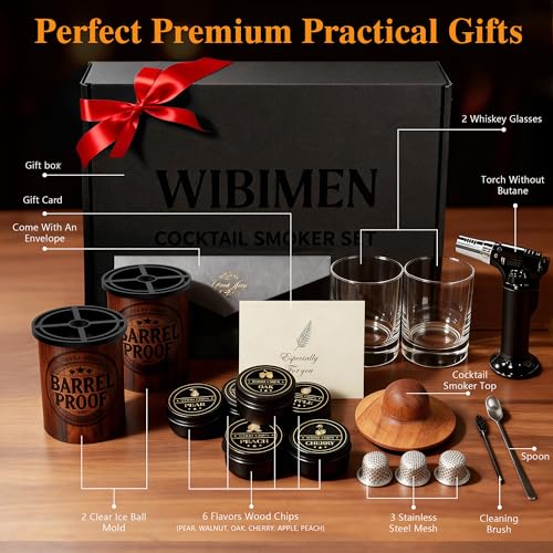 Whiskey Smoker Kit with Torch, 2 Clear Ice Ball Molds & Glasses - Wood Grain Variation