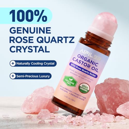 AIPILER Organic Castor Oil Rose Quartz Rollerball 1.7 Fl Oz - Mess-Free Face & Hair Treatment