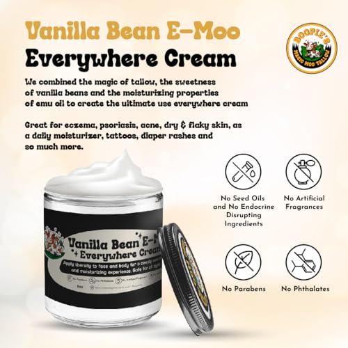 8oz Beef Tallow Body Moisturizer with Organic Emu Oil & Vanilla Bean - Versatile Skin Care