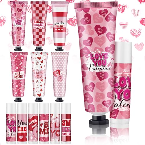 Valentine's Day Hand Cream & Lip Balm Gift Sets - 6 Mini Moisturizing Kits with Heart Design - Perfect for Galentine's Day, Teachers, Coworkers