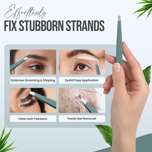 Professional Slant Tip Tweezers - Precision Stainless Steel Eyebrow Plucking Tool for Women and Men, Ingrown Hair Remover, Facial Hair Tweezers for Grooming (Olive Fog)