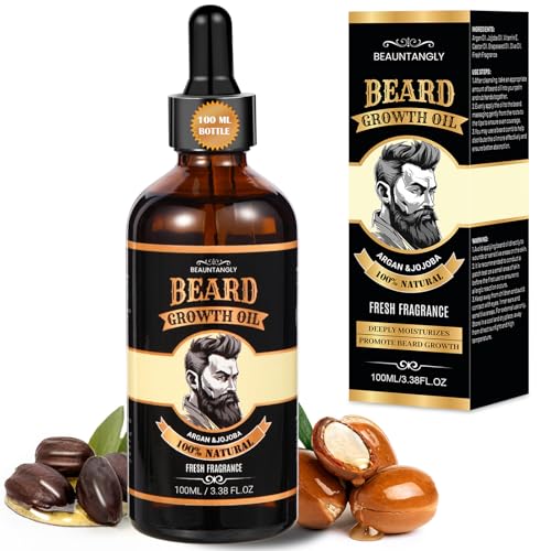Beard Growth Oil for Men, 100% Natural Beard Oil with Argan Oil, Jojoba Oil, Castor Oil - 3.38 FL/100ML Fresh Fragrance Beard Conditioner Softens, Nourishes,Strengthens, Promotes Beard Growth