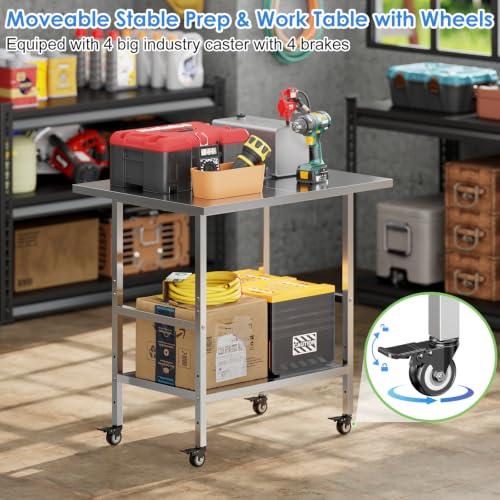 Stainless Steel Mobile Prep Table with Adjustable Shelf & Lockable Casters