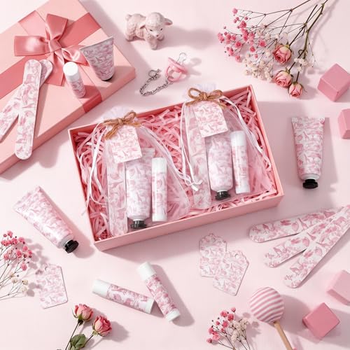 Pink Toile Baby Shower Favor Set - 24 Hand Cream Lip Balm Nail File & Organza Bag