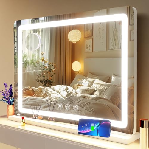 Round White LED Makeup Vanity Mirror with USB Charging, 10X Magnification, Dimmable Lights