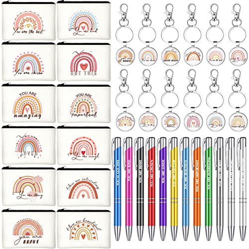 Chunful 36 Pcs Rainbow Canvas Makeup Bags Inspirational Gifts Bulk Keychains and Pastel Pens Motivational Cosmetic Bag for Women Appreciation Gifts Birthday Party Favors
