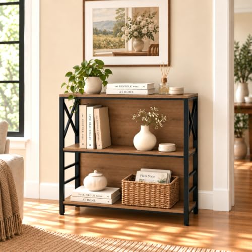 MNEETRUNG Brown 3-Tier Industrial Book Shelf, 29.5" Short Bookcase for Small Spaces
