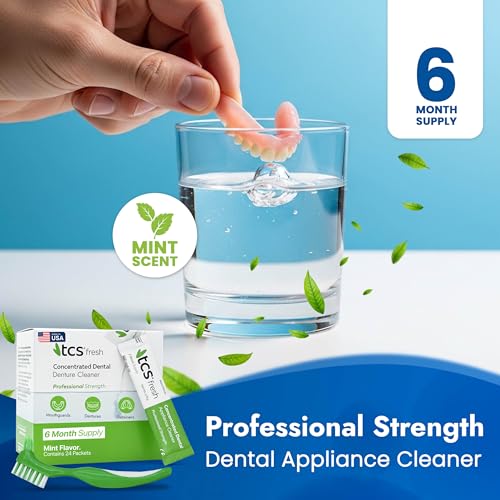 Dental Appliance Cleaner Powder Set with Bristle Brush - 24 Pack - Mint - 6 Month Supply