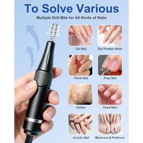 Professional Electric Nail Drill Kit 35000RPM with 14PCS Bits White Portable Rechargeable Cordless File Machine for Acrylic Gel Powder Nails and Manicure Pedicure Toenail Tool Salon Set