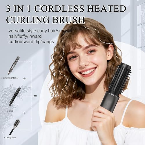 Cordless Hot Brush Hair Straightener & Curling Iron - Travel Portable, 4 Temp, Fast Heating - Classic Black