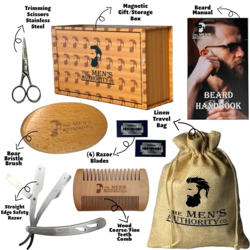 M. A. C.¢ç Beard Kit for Men, Beard Grooming Kit Including Boar Brush, Trimming Scissor Beard Comb and Straight Edge Safety Razor & Blades-Ideal Beard Care Kit with Wooden Gift Box