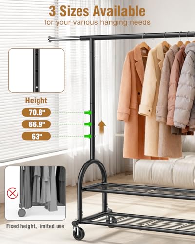EAGMAK Black Heavy Duty Rolling Clothes Rack with 2 Shelves, Adjustable
