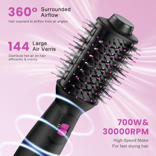 SHOSHE Black Pink Dual Voltage Mini Hair Dryer Brush with UK/EU Plug, All-in-One Volumizer & Styler