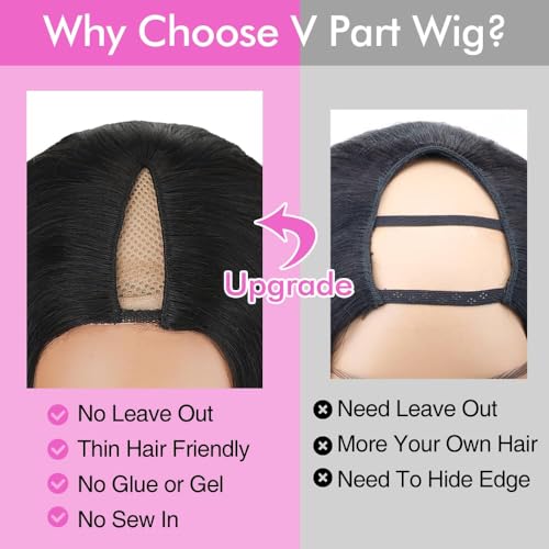 18 Inch V Part Human Hair Wig - Natural Black, Bone Straight, No Sew Glue-Free, Clip-In Half Wig for Black Women