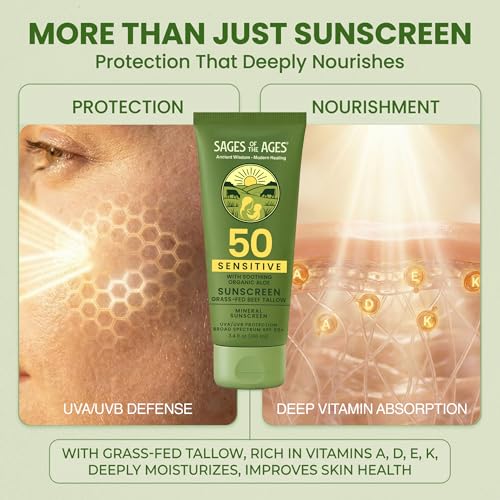 100% Mineral Sunscreen SPF 50 with Non-Nano Zinc Oxide ? Reef Safe UVA/UVB Broad Spectrum Sunblock, Water Resistant 80 Min, Moisturizing Tallow Lotion for Face & Body, 3.4 fl oz