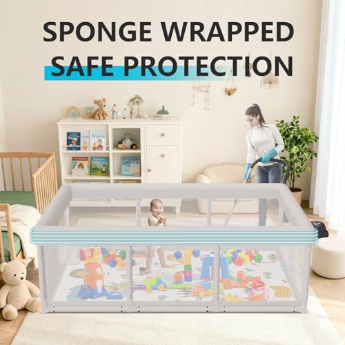 Large Baby Playpen 74x50 Inches with Mat, Pet-Free, Safe Anti-Collision Mesh