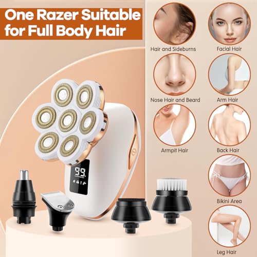 Electric Razor for Women, 7D Facial Hair Removal, 5-in-1 Wet/Dry Bikini Trimmer, Electric Shaver for Women, Rechargeable Face Shaver for Arms Legs Armpit Pubic Area, Painless Womens Grooming Kit