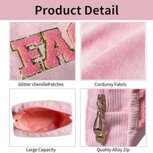 SEAMOON Pink Cosmetic Bags - 2 Pcs Corduroy Chenille Pink Letter Bag, Make Up Bag for Teens & Women, Ideal for Travel & Gifts