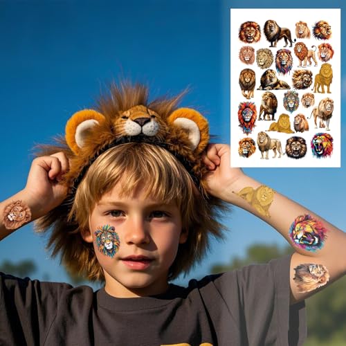 Lion Temporary Tattoos Stickers, Animal Tattoo Stickers for Kids, Birthday Party Favors Goodie Bag Fillers Supplies Decorations, Classroom School Prizes Rewards Gifts(8 Sheets)