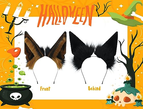 Loiahoer Black & Brown Faux Fur Jackal Ears Headband Halloween Cosplay Accessory