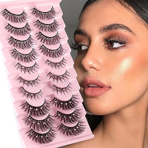 Uranian False Eyelashes with Glitter Natural Look Faux Mink Lashes Fluffy Wispy Fake Eyelashes Thick Lash Clusters Eye Lash Extension Luxury Rhinestone False Eye Lashes for Women (10 Pairs)