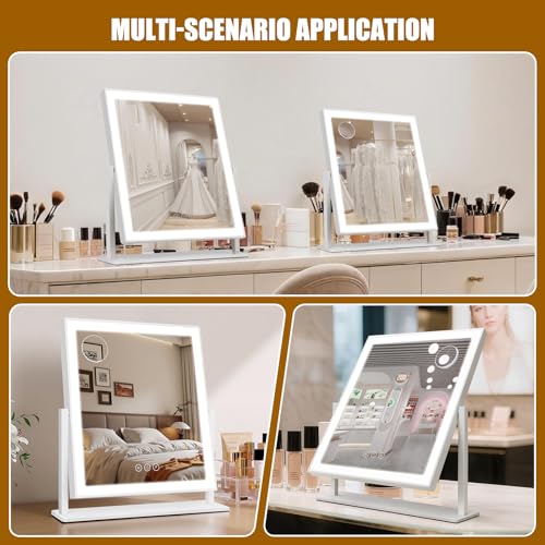Vanity Mirror with Lights 14.5"x16.5", LED Makeup Mirror, 3 Color Lighting Modes, 10X Magnification, Smart Touch Control, Dimmable, Aluminum Metal Frame, Lighted Up for Vanity Desk (White)