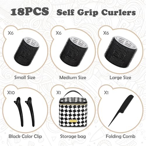 Black 18-Piece Hair Roller Set with Clips & Comb - 3 Sizes for Voluminous Styles
