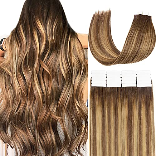 Hair Extensions Tape in Human Hair 14 Inch Chocolate Brown & Caramel Blonde - 20pcs
