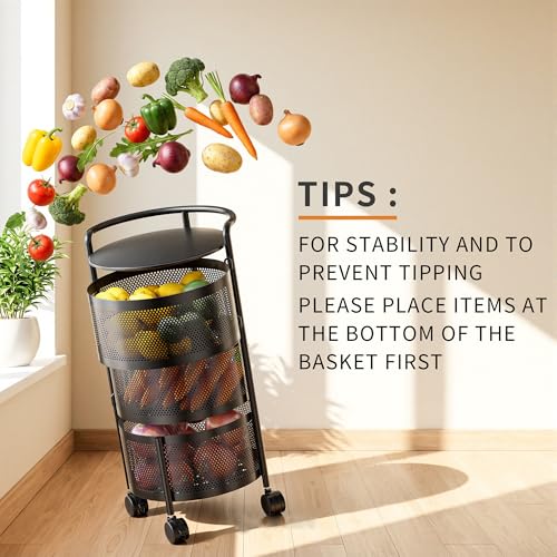 3-Tier Rotating Kitchen Storage Cart with Wheels - Space Saving Fruit & Vegetable Organizer, Black Variation