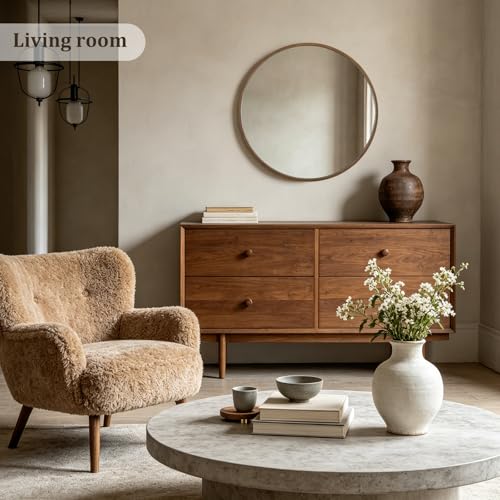 Round Wood Mirror 28 Inch Wall Decor Rustic Farmhouse Walnut Frame