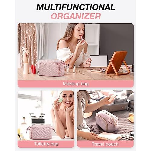 BAGSMART Travel Makeup Bag, Cosmetic Bag Small Make Up Organizer Case,Wide-open Pouch for Women Purse for Toiletries Accessories Brushes Pink