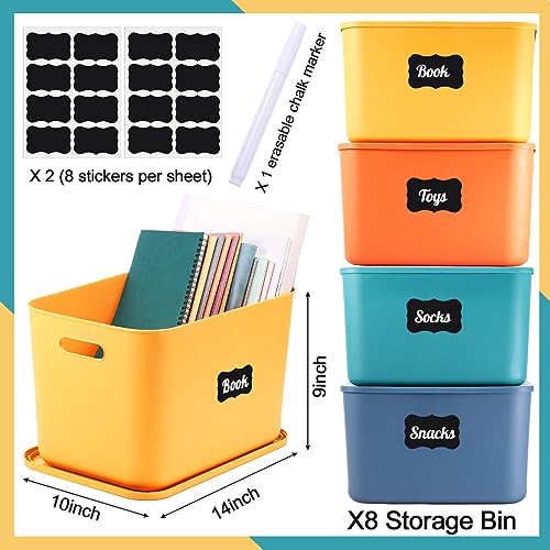 14x10x9 Inch Stackable Plastic Storage Bins with Lids & Handles, Set of 8 - Colorful Desktop Organizers with Markers & Stickers