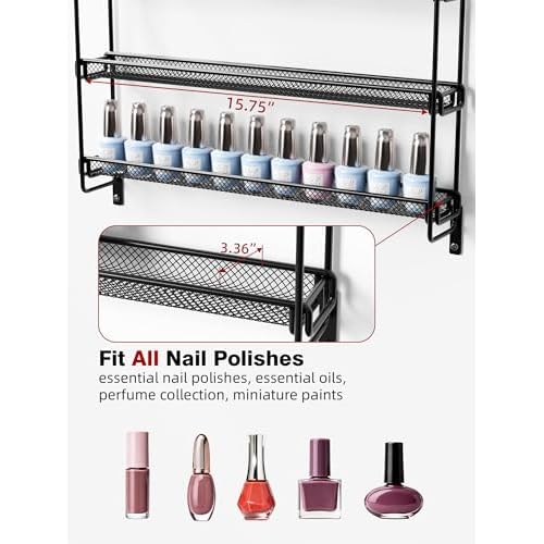 Nail Polish Organizer Wall Mounted, 6 Tier Metal Storage Rack Holds 90 Bottles, Multifunctional Organizer for Essential Oils Paint Perfume, Black