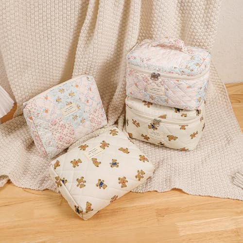 UEKEBOAG 3-Piece Quilted Cotton Makeup Bag Set with Pink Flower Pattern – Travel & Organizing Cosmetic Bags