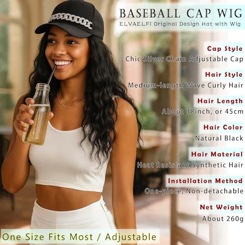 18-Inch Wavy Matte Black Cap Wig with Rhinestone Decor - Adjustable Fit
